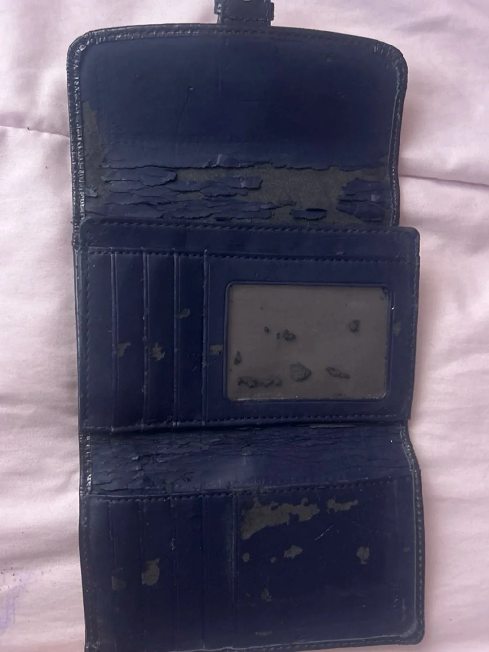 Coach Navy Signature Canvas Wallet with Black Leather Trim and Silver Buckle